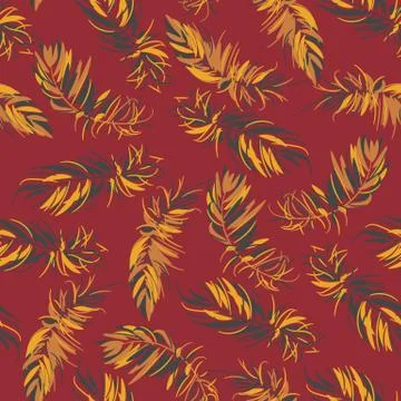 Graphic fluffy feathers seamless vector pattern in yellow maroon and grey colors Illustrazione stock