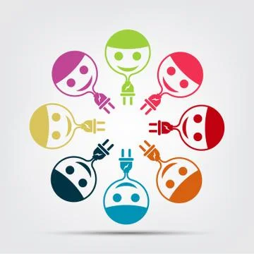 Graphic group power plug connection logo.Eight people in the circle.team work Stock Illustration
