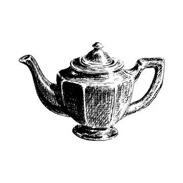 Graphic hand drawn tea pot on white background. Kitchenware sketch vector Stock Illustration