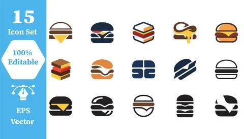 Graphic icon set of burgers in multiple styles with cheeseburger, hamburger Stock Illustration