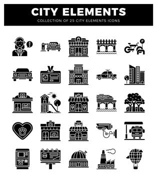 Graphic icons of city elements representing services and infrastructure. ci.. Ilustración de archivo