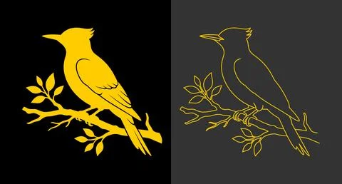 Graphic illustration of a bird on a branch in solid and outline styles Stock Illustration