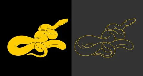Graphic illustration of a coiled snake in solid gold color and wireframe styl Stock Illustration