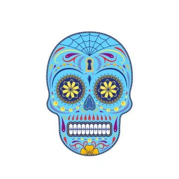 Graphic illustration of decorative colorful sugar skull. Day of the dead skull. Stock Illustration