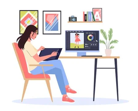 Graphic illustration designer working on the computer. Illustrazione stock