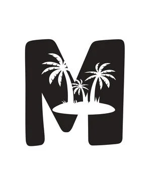 A graphic illustration featuring letter m with tropical island pattern with l Stock Illustration