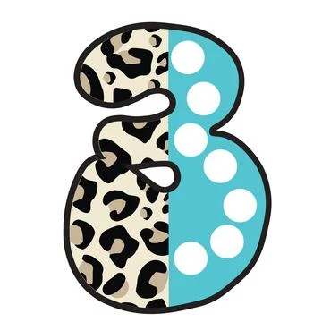 A graphic illustration featuring number 3 with leopard print, polka dots, bla Stock Illustration
