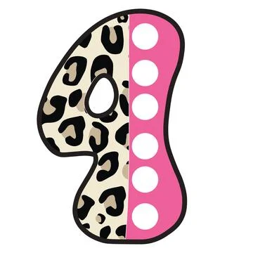 A graphic illustration featuring number 4 with leopard print, polka dots, bol Stock Illustration