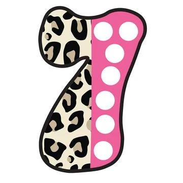 A graphic illustration featuring number 7 with leopard print, polka dots, bol Stock Illustration