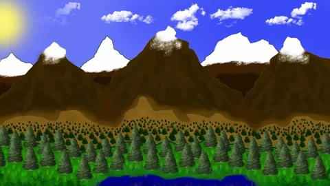 Graphic illustration of a mountain landscape with clouds moving across the blue Stock-Footage 242066541