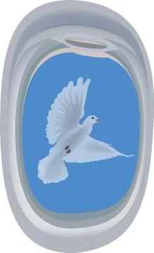 Graphic illustration of a plane window from which one can see a white pigeon Stock Illustration