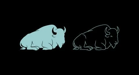 Graphic illustration of a resting bison as solid silhouette and line art Stock Illustration