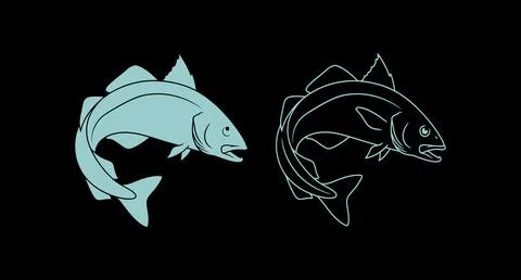 Graphic illustration set of cod fish in solid silhouette and line art outline Stock Illustration