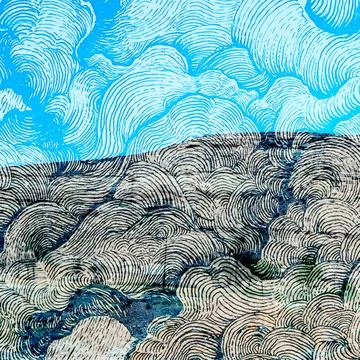 Graphic illustration of stylized patterned clouds in a bright blue sky above Stock Illustration