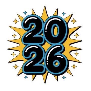 Graphic illustration of year 2026 with comic pop art burst effect Stockillustratie