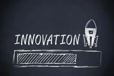 Graphic image of innovation text with loading and rocket symbol against black Selección de ilustraciones gratis