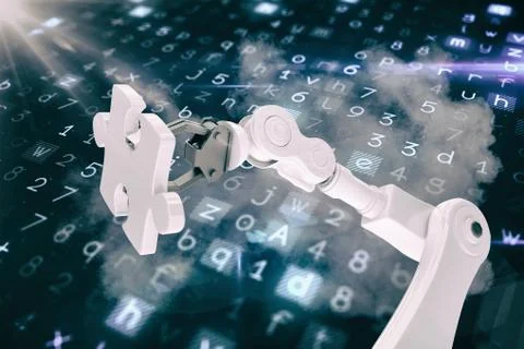 Graphic image of robot holding jigsaw piece 3d Stock Illustration