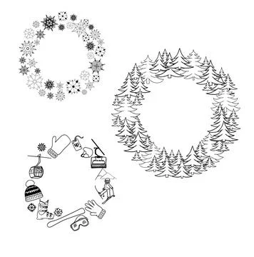 Graphic line circle round frame set with winter elements. Vector frame with s Stock Illustration