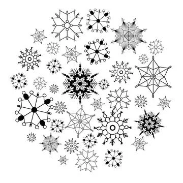 Graphic line vector round circle composition with snowflakes, simple geometri Stock Illustration