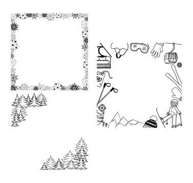 Graphic line vector square frame set with winter elements ski equipment, snow Stock Illustration