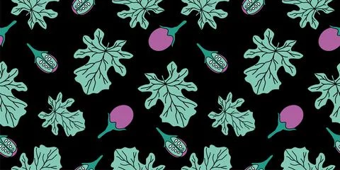 Graphic linear silhouette leaves with black background. Vector seamless patte Stock Illustration