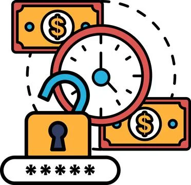 A graphic of a lock with a key and a clock with the hands on the numbers 1 .. Illustrazione stock