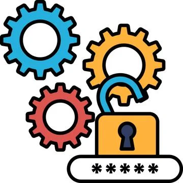 A graphic of a lock with a key and a series of gears Stock Illustration