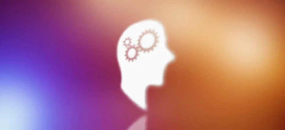 Graphic of a man in profile with a cogs in his head Stock Illustration