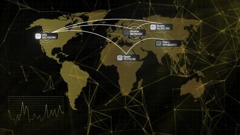 Graphic map of world with changing numbers. Motion. 3D world map with pointers 스톡 일러스트