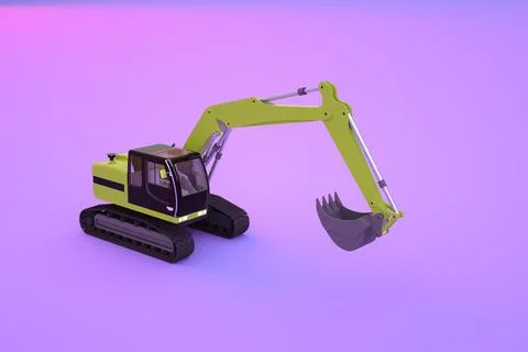 Graphic model of a yellow construction excavator on a purple, pink isolated Stock Illustration