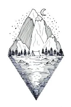 Graphic mountain with a river Stock Illustration