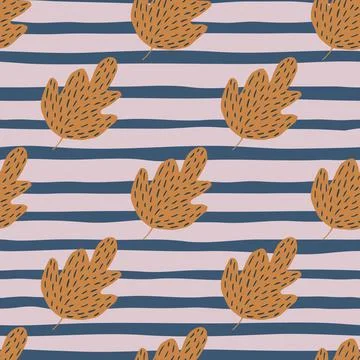 Graphic oak seamless pattern on stripe background. Scandinavian style foliage Illustrazione stock