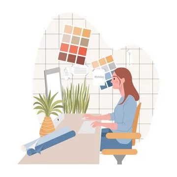 Graphic or interior designer working on computer in design studio vector flat Stock Illustration