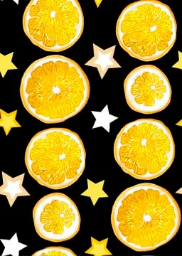 Graphic orange fruit circle slices with stars in a seamless pattern Stock Illustration