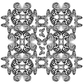 Graphic pattern with black and white butterflies on a white background Foto stock