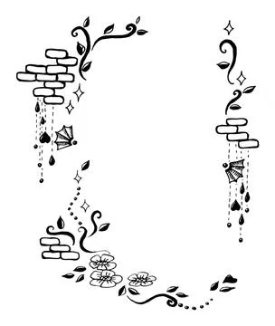 Graphic pattern of bricks beads stems and flowers Stock Illustration