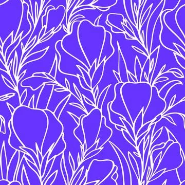 Graphic pattern of large contours of white flowers on a blue background Stock Illustration