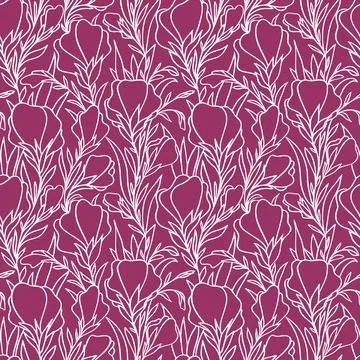Graphic pattern of large contours of white flowers on a purple background, .. Stock Illustration
