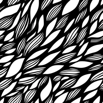 The graphic pattern of leaves and waves. Black and white hand-drawn seamless  Stock Illustration