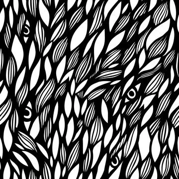 The graphic pattern of leaves, waves, and eyes. Black and white hand-drawn se イラスト素材