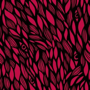 The graphic pattern of leaves, waves, and eyes. Simple hand-drawn seamless ve 스톡 일러스트