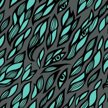 The graphic pattern of leaves, waves, and eyes. Simple cool hand-drawn seamle Stock Illustration