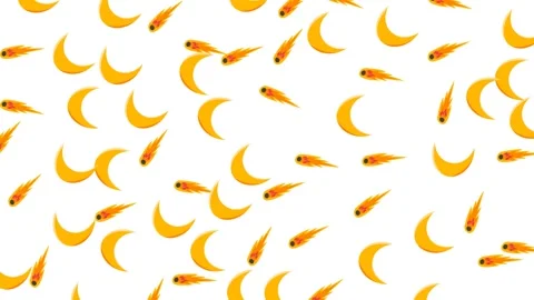 Graphic pattern of orange crescent moons and fiery comets on white background Video stock 346186180