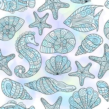 Graphic pattern with seashells watercolor spots Illustrazione stock