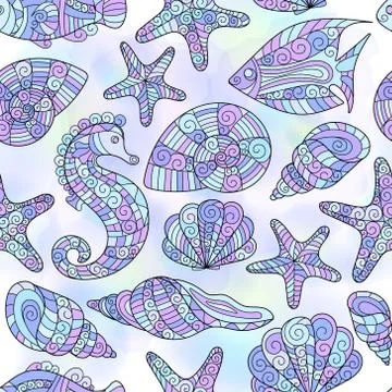 Graphic pattern with seashells watercolor spots Illustrazione stock