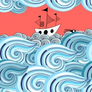 Graphic pattern of waves and ship イラスト素材