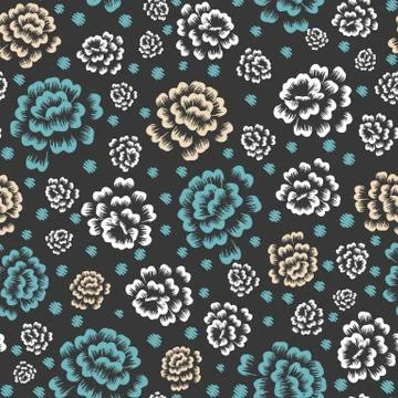 Graphic peonies seamless vector pattern on dark Stock Illustration