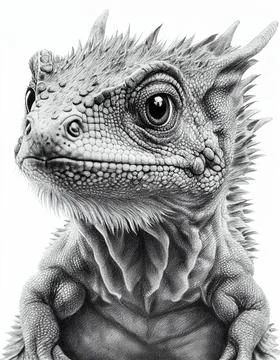 Graphic portrait of lizard, close-up head, pencil drawing, isolated Stock Illustration
