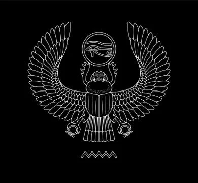 Graphic print of egypt scarab pattern on black background. Illustrazione stock
