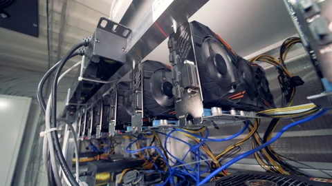 Graphic processing units are mining bitcoins in a mining rig Stock Footage 88544761